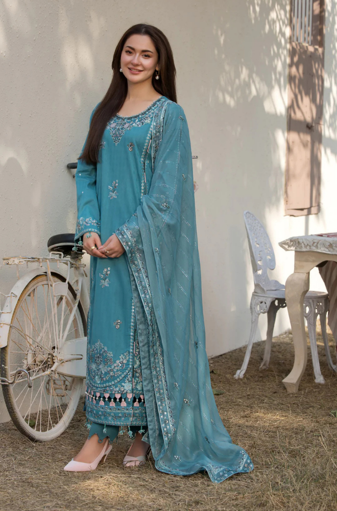 Ally's - 3PC Unstitched Lawn Embroidered Shirt with Embroidered Bamber Chiffon Dupatta - ES 2164