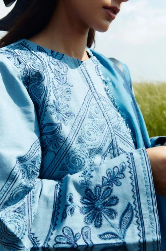 Zara Shah Jahan - 3PC Unstitched Dhanak Embroidered Shirt with Printed Shawl and Trouser - ES1030