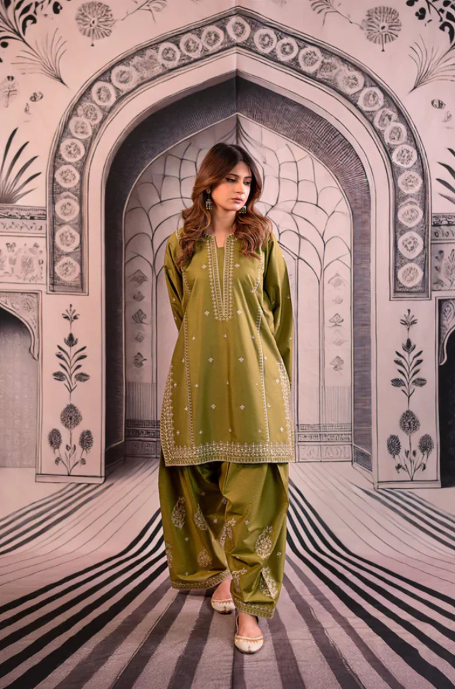 Urge- 3PC Unstitched Dhanak Embroidered Shirt with Digital Printed shawl and Embroidered Trouser- ES 1707