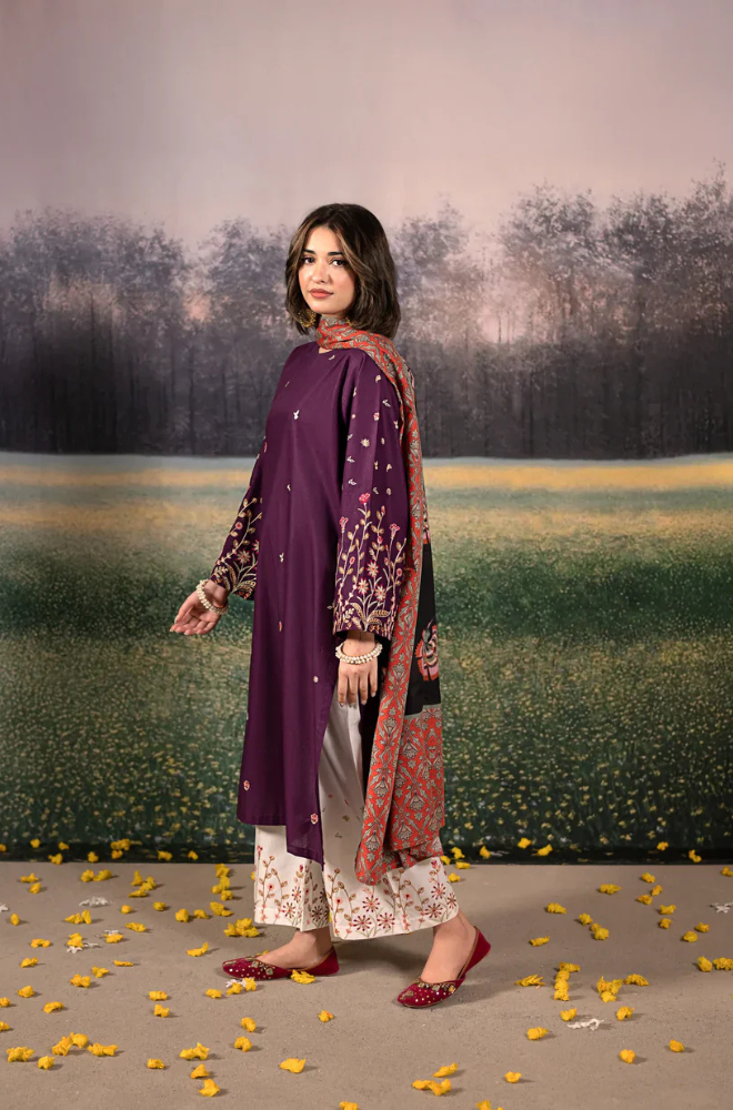 Urge- 3PC Unstitched Dhanak Embroidered Shirt with Digital Printed shawl and Embroidered Trouser- ES 1706