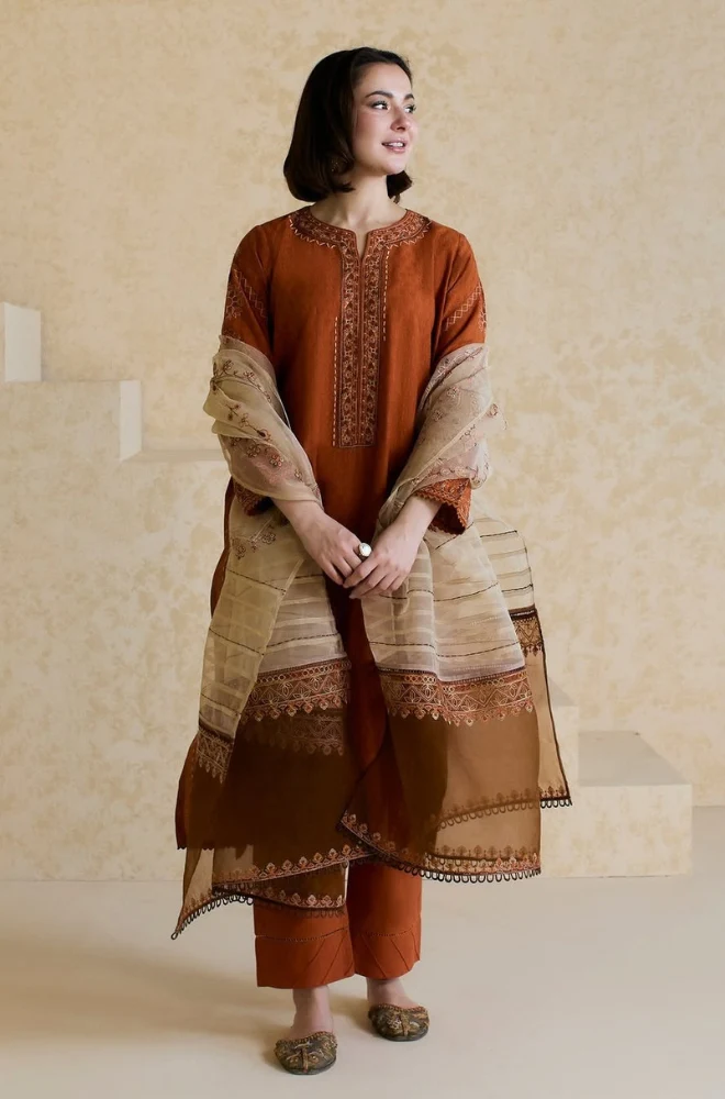 Mishkaa - 3PC Lawn Embroidered Shirt with Printed Chiffon Dupatta-ES1321