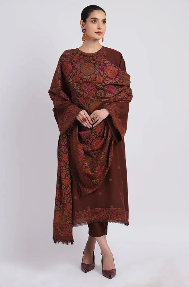 Bareeze - 3PC Unstitched Dhanak Embroidered Shirt With Dhanak Embroidered Shawl and Trouser - ES 1791