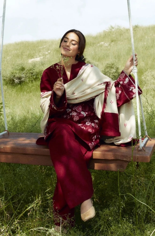 Zara Shah Jahan - 3PC Unstitched Dhanak Embroidered Shirt with Printed Shawl and Trouser - ES1028