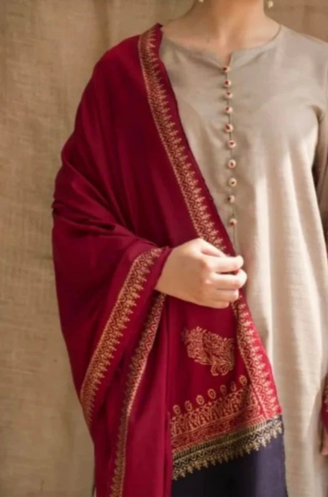 Zarpash - 3PC Unstitched Dhanak Neckline Embroidered Shirt with Printed Shawl and Trouser - ES1005