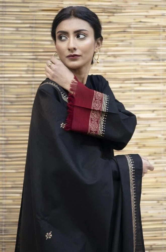Zarpash - 3PC Unstitched Dhanak Neckline Embroidered Shirt with Printed Shawl and Trouser - ES1004