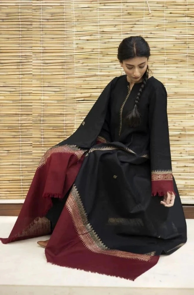 Zarpash - 3PC Unstitched Dhanak Neckline Embroidered Shirt with Printed Shawl and Trouser - ES1004