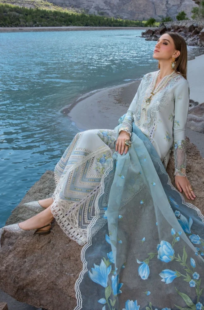 Crimson - 3PC Unstitched Linen Embroidered Boring Front with Printed Shawl and Trouser-ES0005