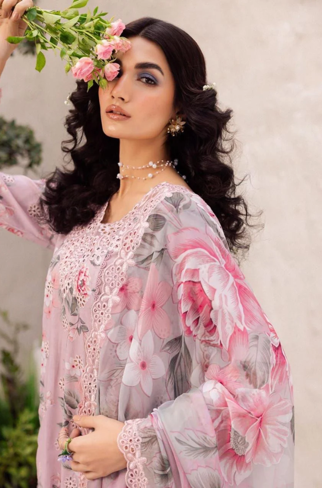 Maria B-3PC Lawn Printed Shirt with Embroided Patches and Printed Dubatta and Trousers-ES1602