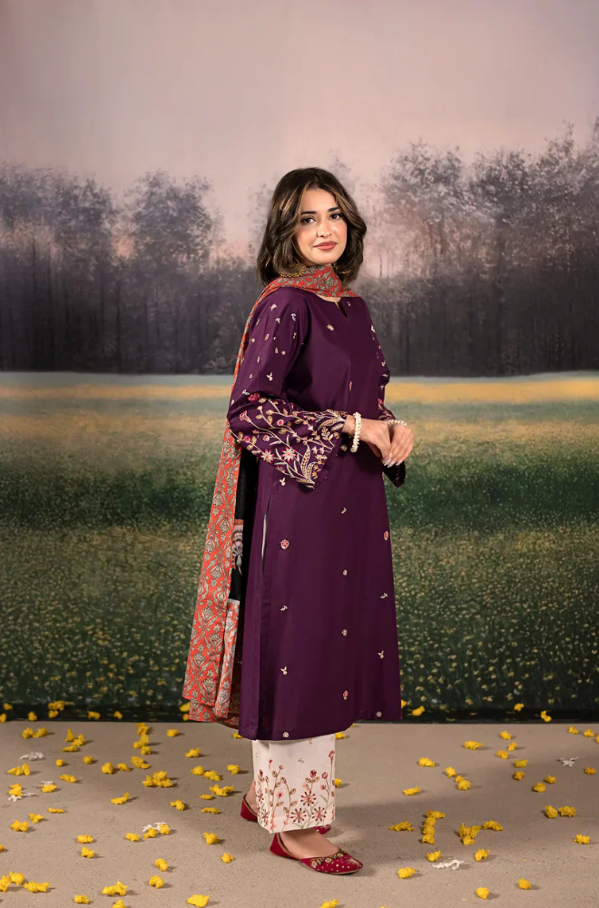 Urge- 3PC Unstitched Dhanak Embroidered Shirt with Digital Printed shawl and Embroidered Trouser- ES 1706