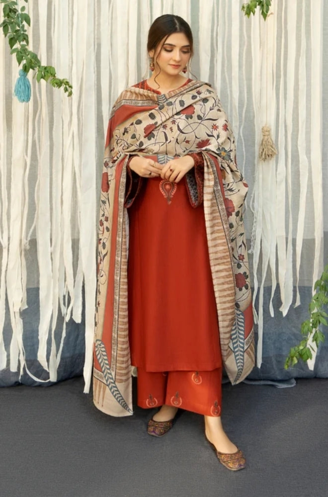 URGE - 3PC Unstitched Dhanak Embroidered Shirt with Digital Printed Shawl and Embroidered Trouser- ES1074