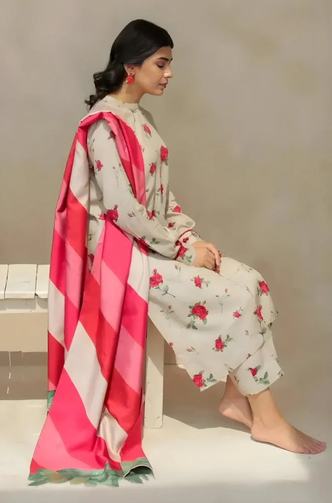 Baroque - 3PC Unstitched Printed Karandi Shirt with Printed Karandi Dupatta and Trouser - ES 2122