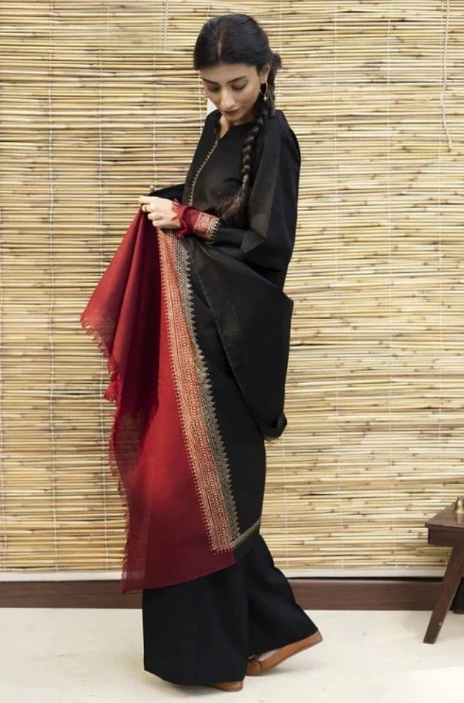 Zarpash - 3PC Unstitched Dhanak Neckline Embroidered Shirt with Printed Shawl and Trouser - ES1004