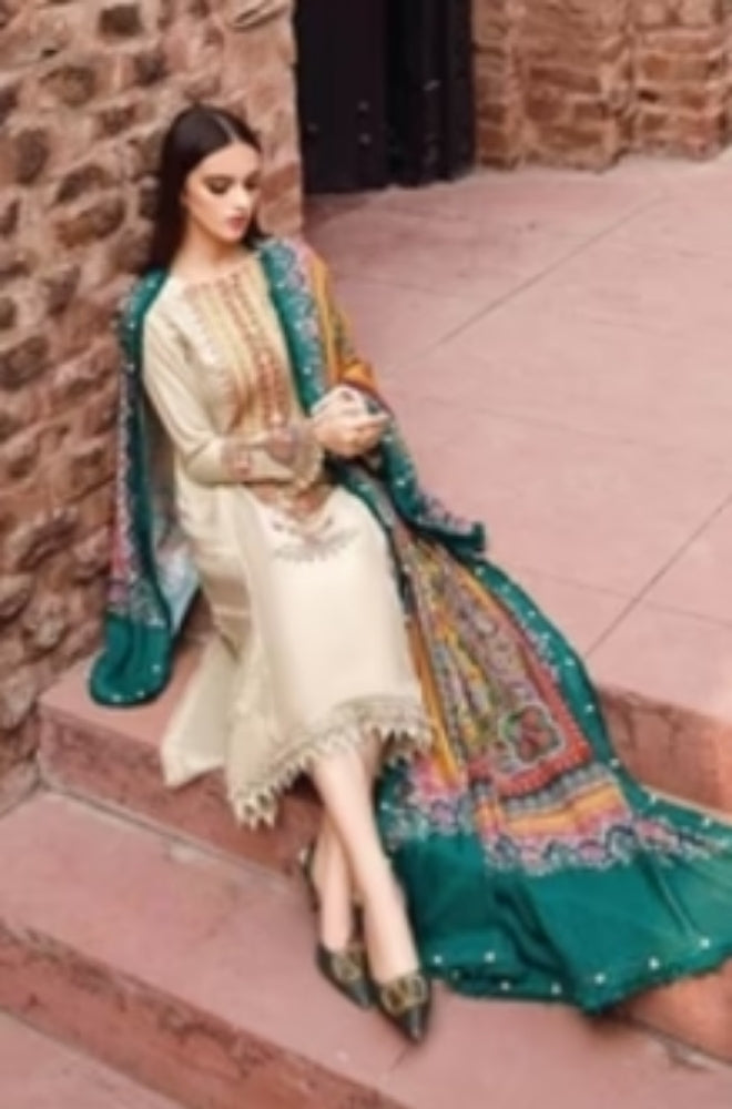 Maria B - 3PC Unstitched Dhanak Embroidered Shirt with Printed shawl and Trouser - ES1102