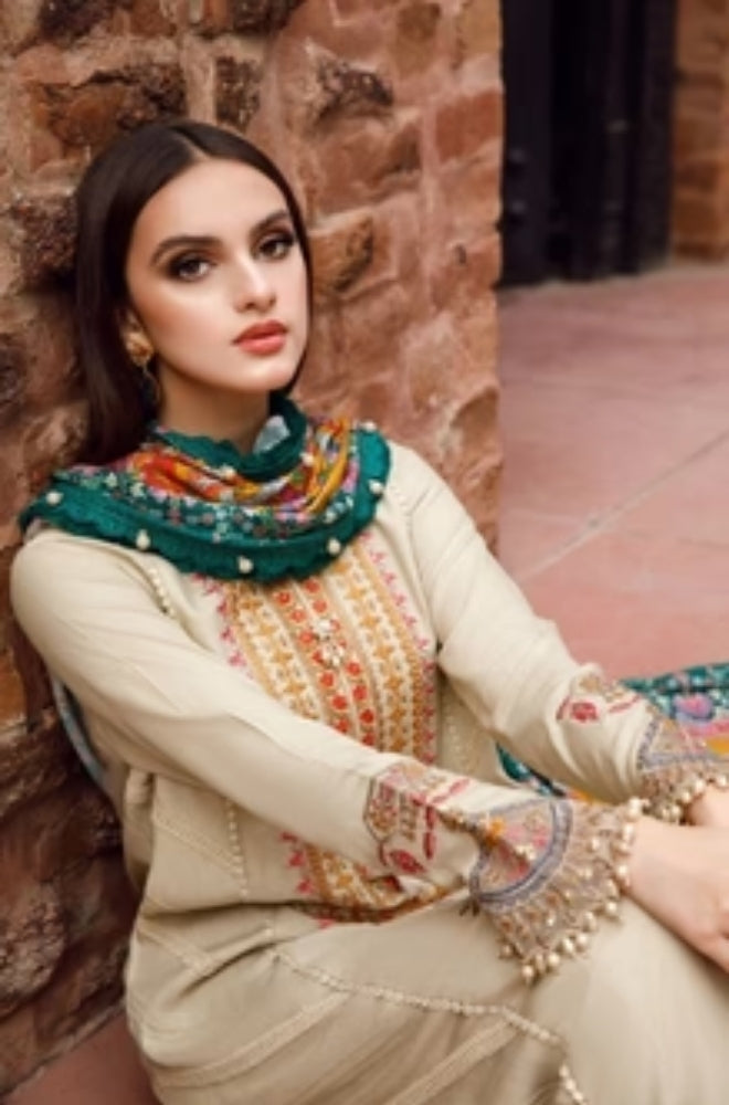 Maria B - 3PC Unstitched Dhanak Embroidered Shirt with Printed shawl and Trouser - ES1102