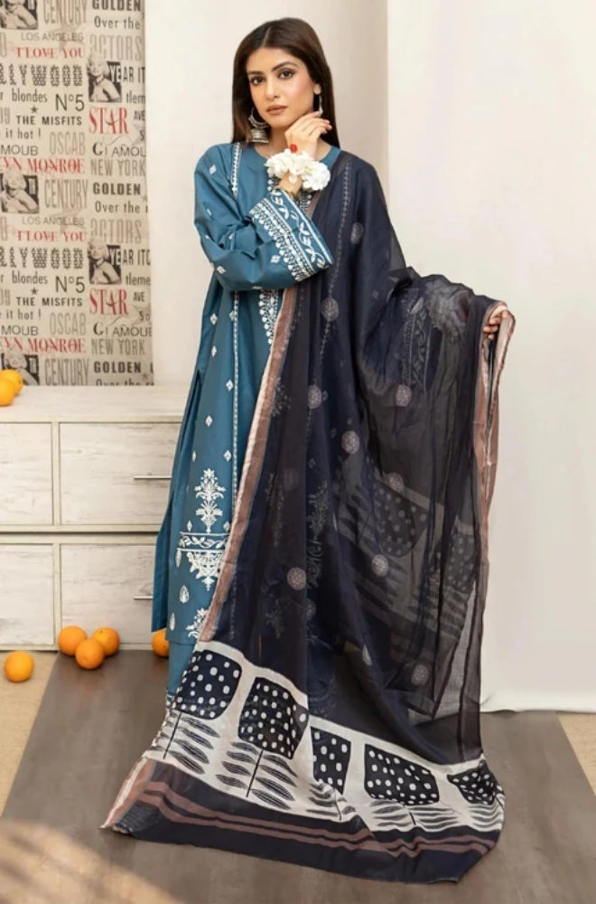 Urge - 3PC Unstitched Embroidered Shirt with Printed Shawl and Embroidered Trousers - ES1070