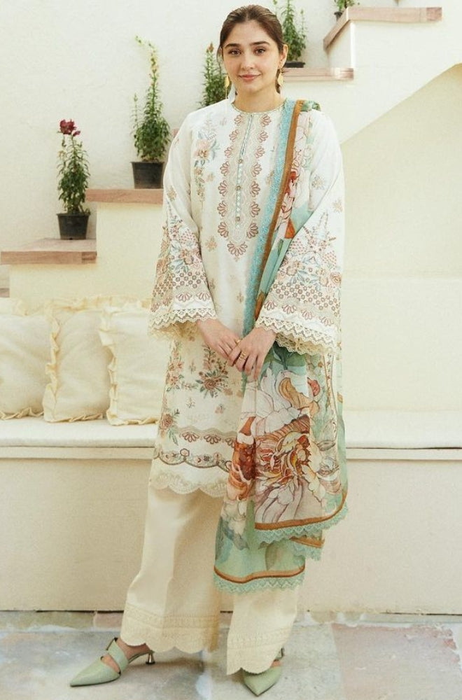 Zara Shah Jahan - 3PC Unstitched Lawn Embroidered Shirt with Digital Printed Silk Dupatta and Embroidery Trousers - ES1013