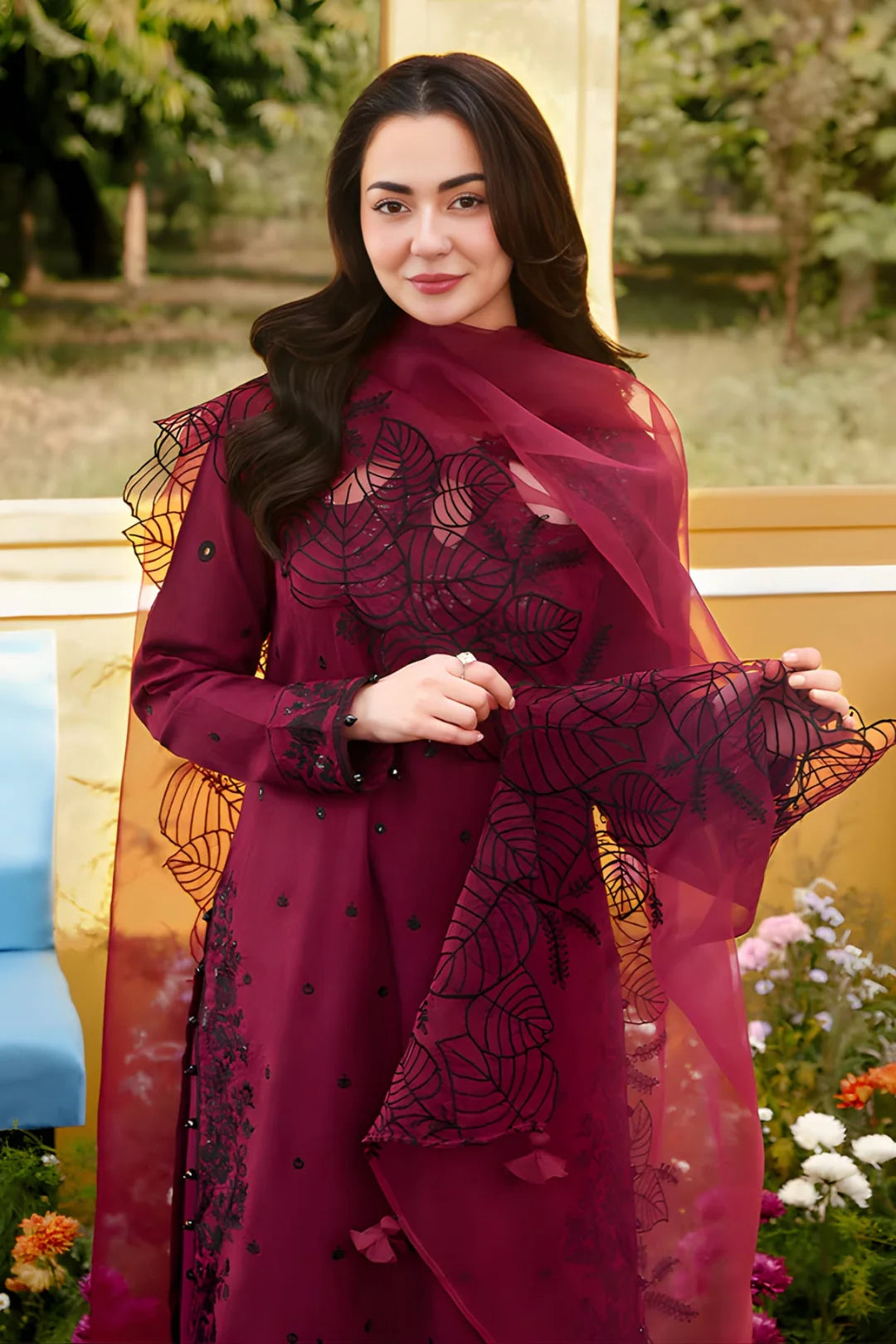 Allys - 3PC Unstitched Lawn Embroidered Shirt with Organza Embroidered Dupatta and Embroidered Trouser-ES 2403