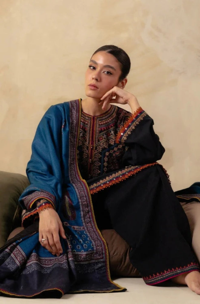 Zara Shah Jahan - 3PC Unstitched Dhanak Embroidered Shirt with Printed Shawl and Trouser - ES1215