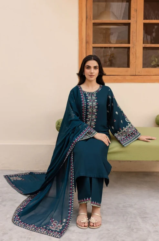 Batik - 3PC Unstitched Dhanak Embroidered Shirt with Dhanak Embroidered Dupatta and Trousers ES-1227
