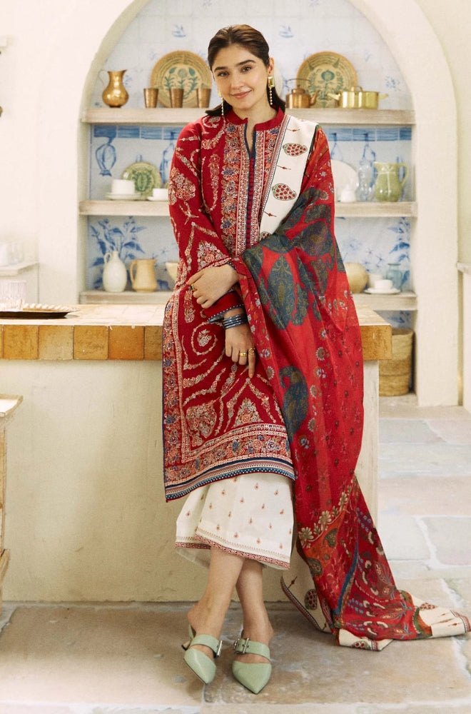 Zara Shah Jahan - 3PC Unstitched Lawn Embroidered Shirt with Digital Printed Slub Net Dupatta and Embroidered Trousers - ES1012