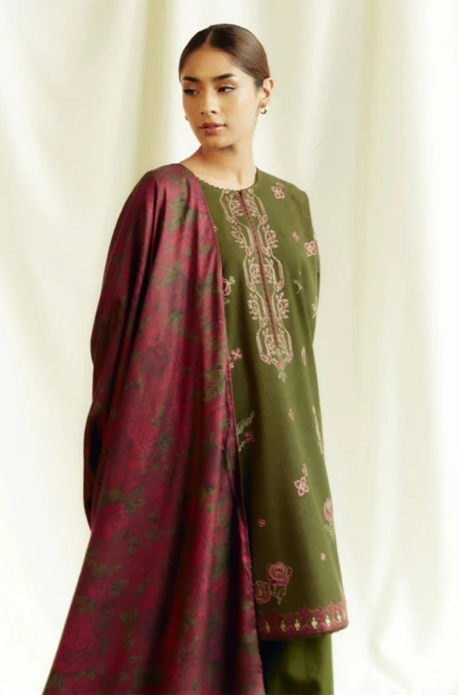 Zara Shah Jahan - 3PC Unstitched Dhanak Embroidered Shirt with Printed Shawl and Trouser - ES1034