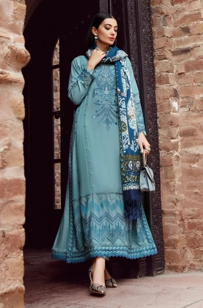 Maria B - 3PC Unstitched Dhanak Embroidered Shirt with Printed Shawl and Trouser - ES1104