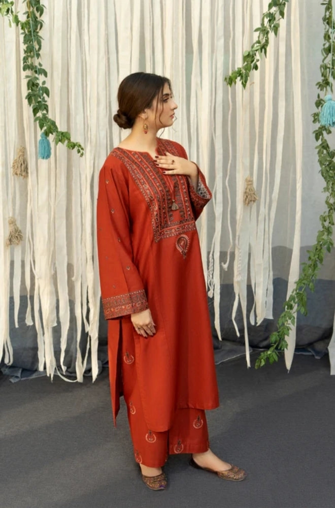 URGE - 3PC Unstitched Dhanak Embroidered Shirt with Digital Printed Shawl and Embroidered Trouser- ES1074