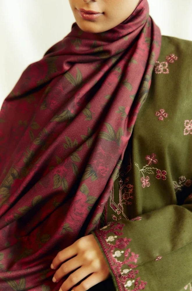 Zara Shah Jahan - 3PC Unstitched Dhanak Embroidered Shirt with Printed Shawl and Trouser - ES1034