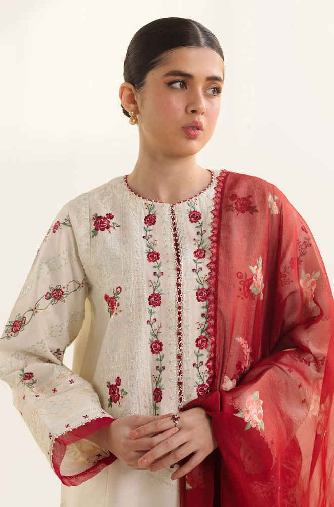 Zara Shah Jahan - 3PC Unstitched Lawn Embroidered Shirt With Printed Slub Net Dupatta - ES1055