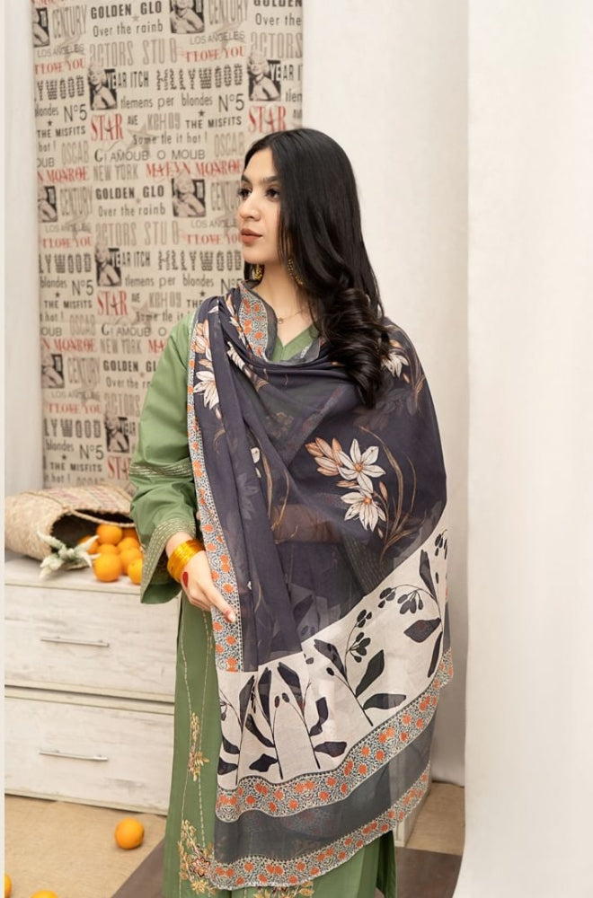 URGE - 3PC Unstitched Dhanak Embroidered Shirt with Digital Printed Shawl and Embroidered Trouser- ES1206