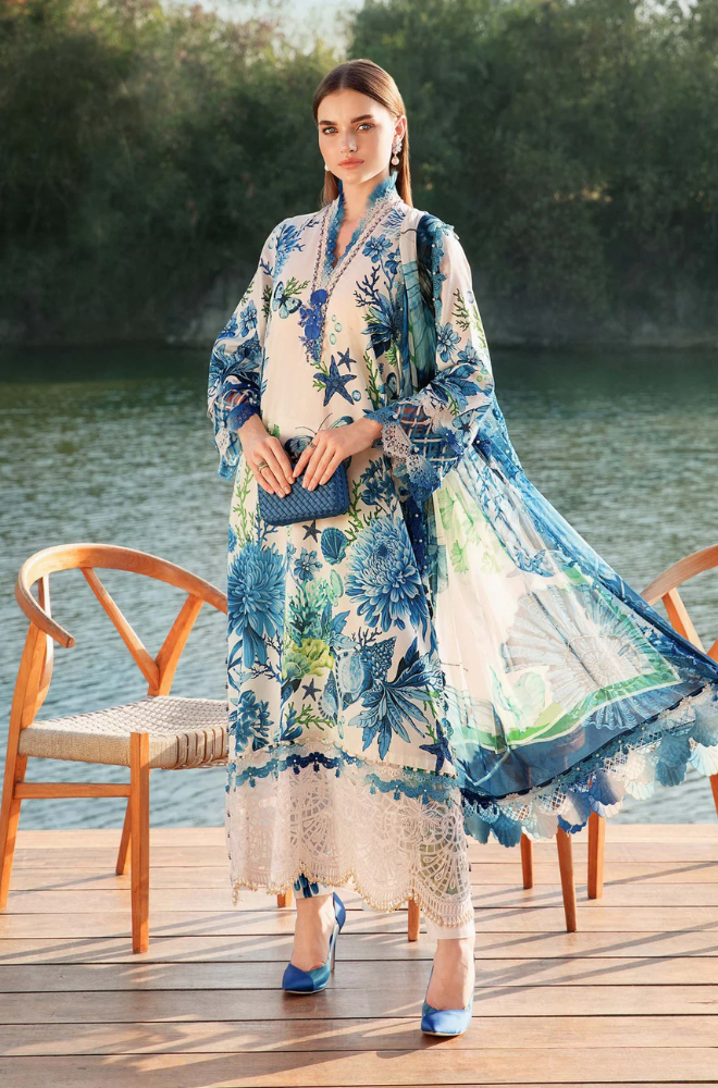 Maria B-3PC Lawn Printed Shirt with Embroided Patches and Printed Dubatta and Trousers-ES1603