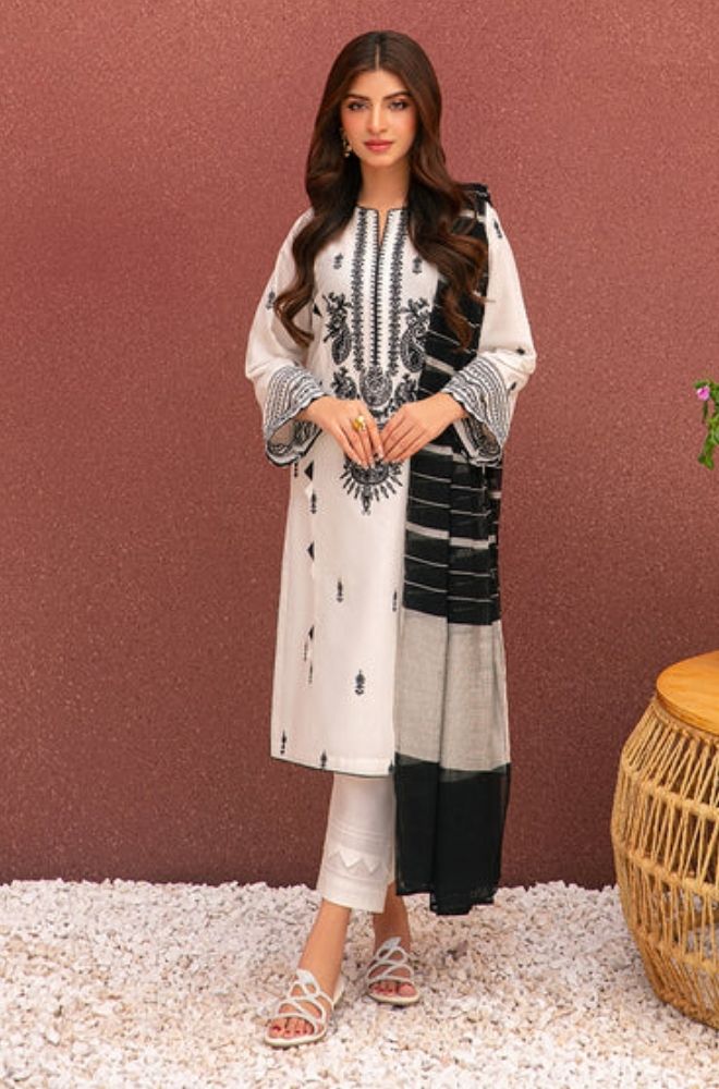 Asim Jofa - 3PC Lawn Embroidered Shirt with Printed Cotton Net Dupatta - ES1186