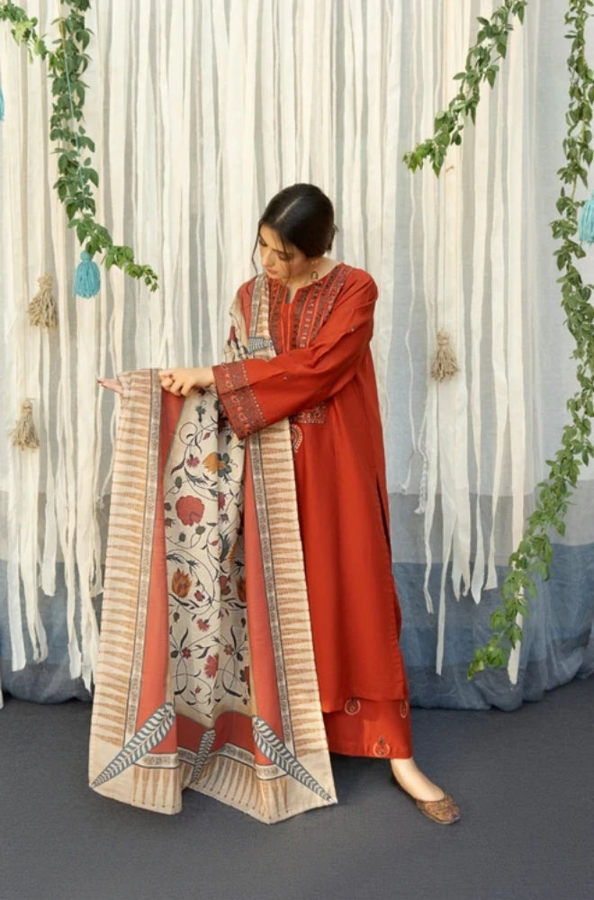 URGE - 3PC Unstitched Dhanak Embroidered Shirt with Digital Printed Shawl and Embroidered Trouser- ES1074