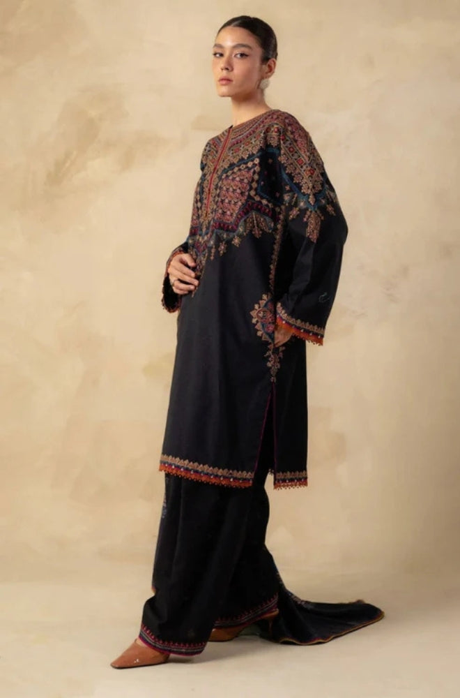 Zara Shah Jahan - 3PC Unstitched Dhanak Embroidered Shirt with Printed Shawl and Trouser - ES1215