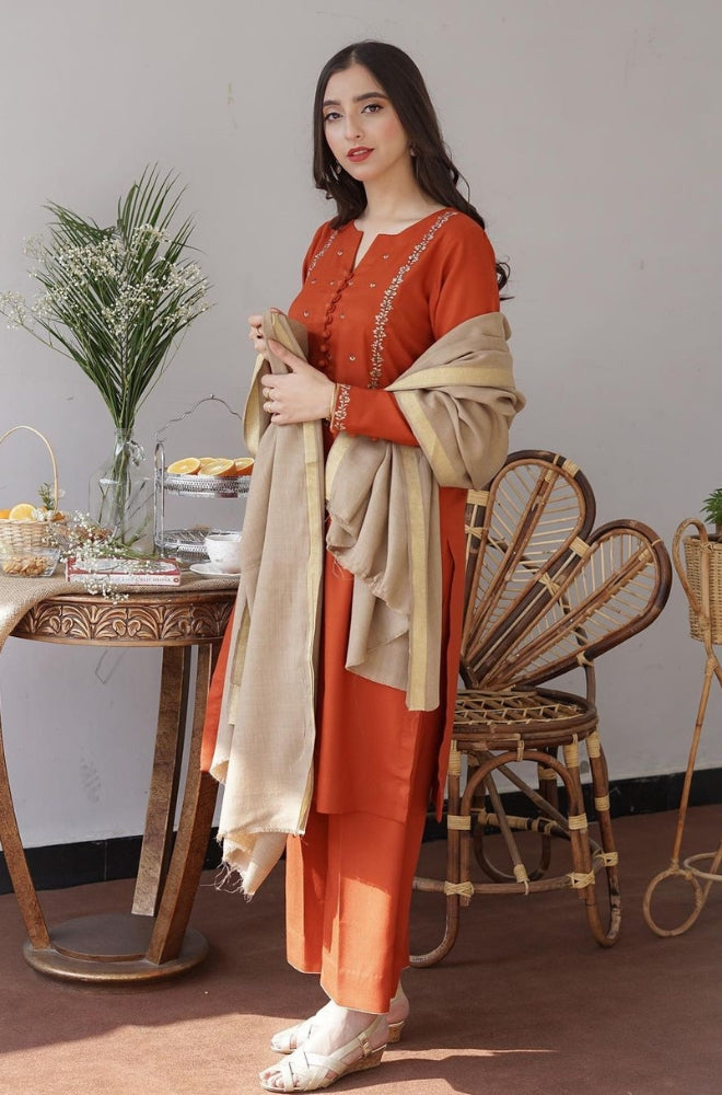 Aisling - 3PC Unstitched Dhanak Embroidered Shirt With Dhanak Shawl and Trouser - ES 1196