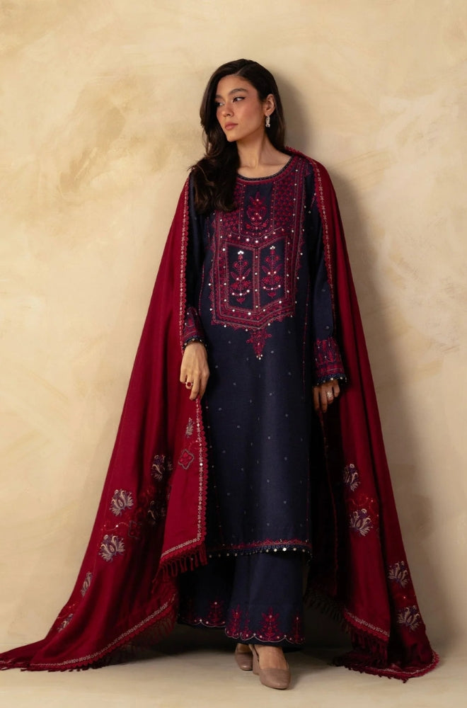 Zara Shah Jahan - 3PC Unstitched Dhanak Sequence Embroidered Shirt with Embroidered Dhanak Shawl and Embroidered Trouser- ES1022