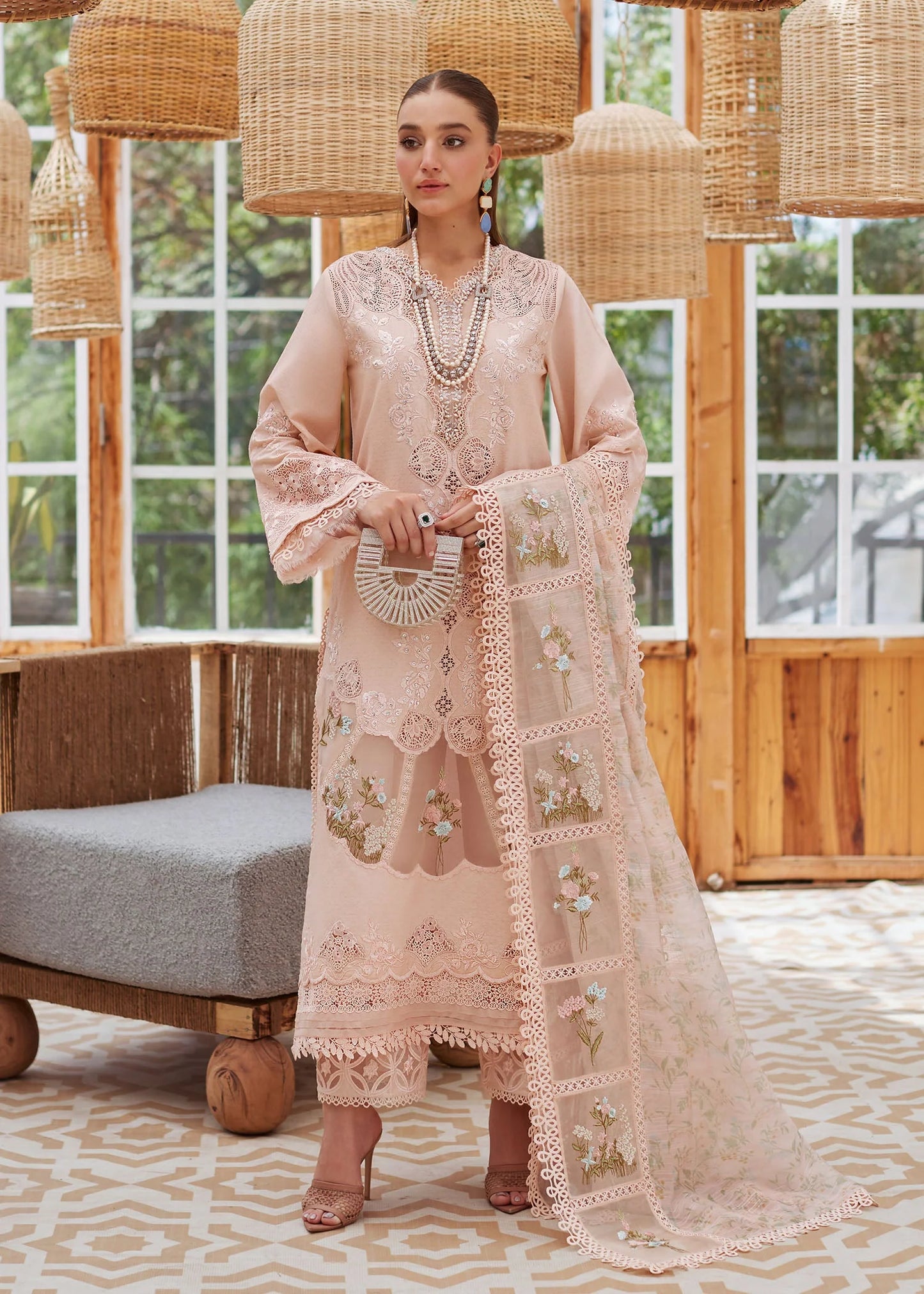 Crimson - 3PC Unstitched Lawn Embroidered Shirt with Printed Embroidered Slub Net Dupatta - ES 2166