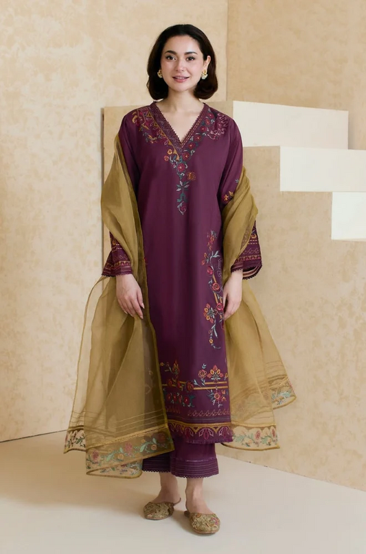 Mishkaa - 3PC Lawn Embroidered Shirt with Embroidered Chiffon Dupatta (Unstitched)-ES1405