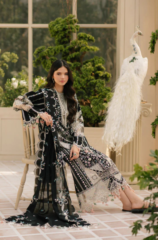 BIN ILYAS - 3PC Unstitched Lawn Embroidered Shirt with Embroidered Crinkle Dupatta - ES 2191