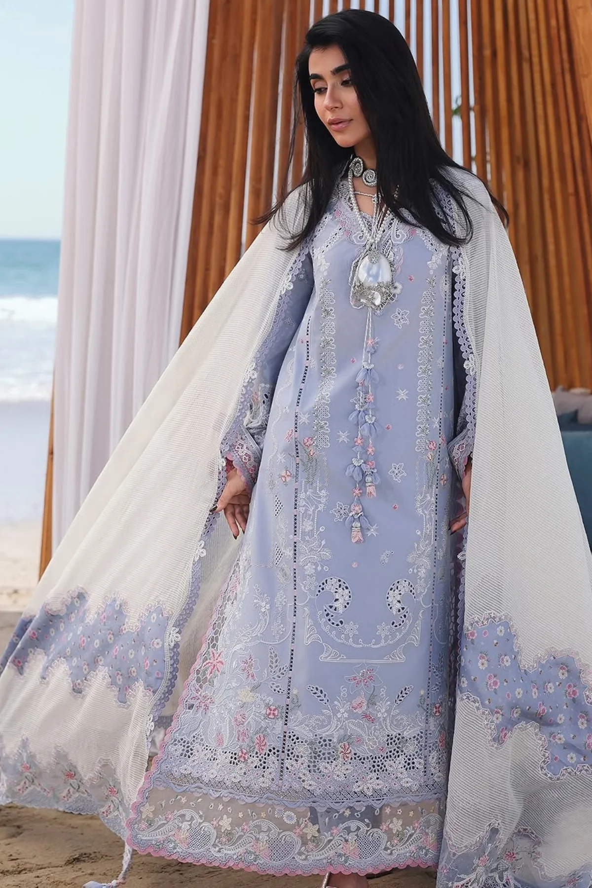 Qalamkar - 3PC Unstitched Lawn Embroidered Shirt with Embroidered Monar Dupatta and Trouser - ES 2233