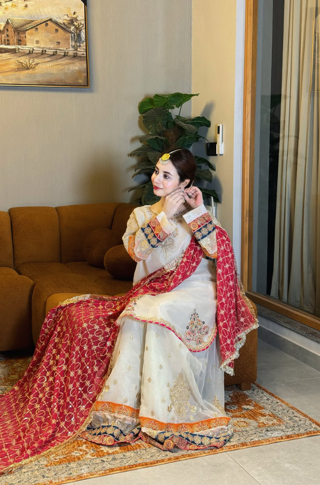 ETHNIC-3PIECE Emroidered Shirt with Embridered khadi net dubbata and trousers-ES 8011