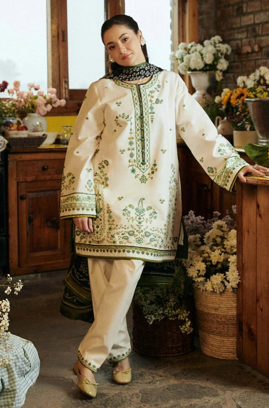 Zara Shah Jahan - 3PC Unstitched Lawn Embroidered Shirt with Printed Slub Net Dupatta - ES1007