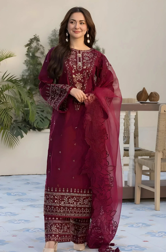 Allys - 3PC Unstitched Lawn Embroidered Shirt with Embroidered Organza Dupatta - ES 1403