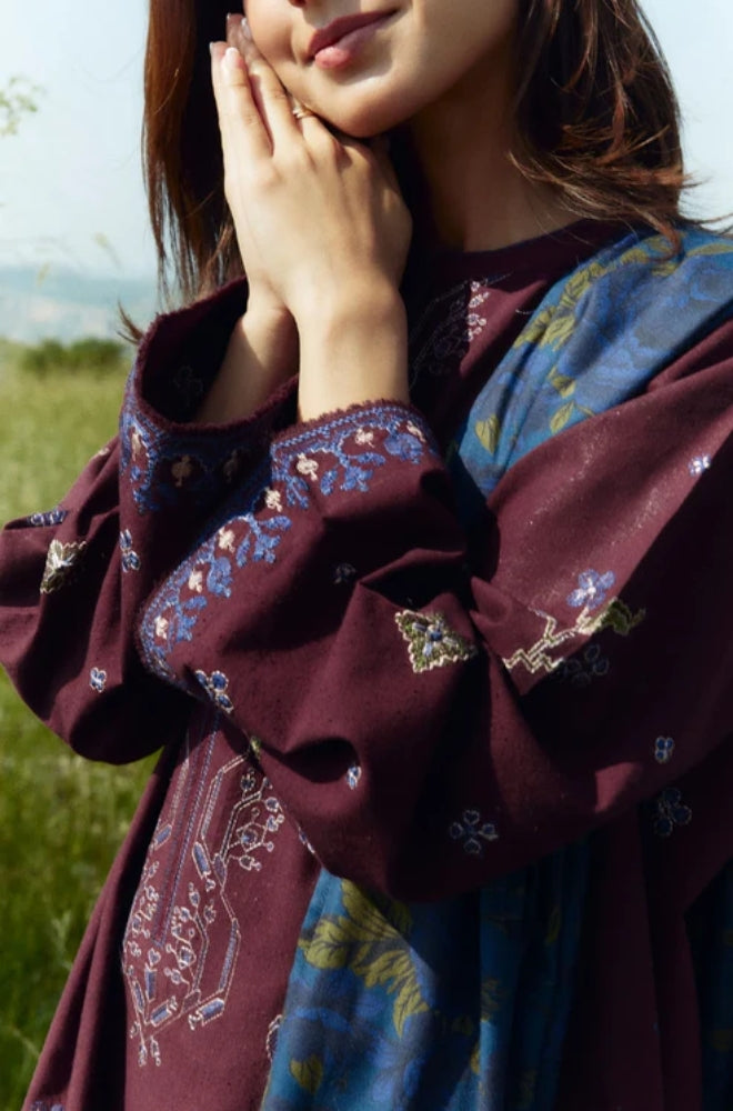 Zara Shah Jahan - 3PC Unstitched Dhanak Embroidered Shirt with Printed Shawl and Trouser - ES1026