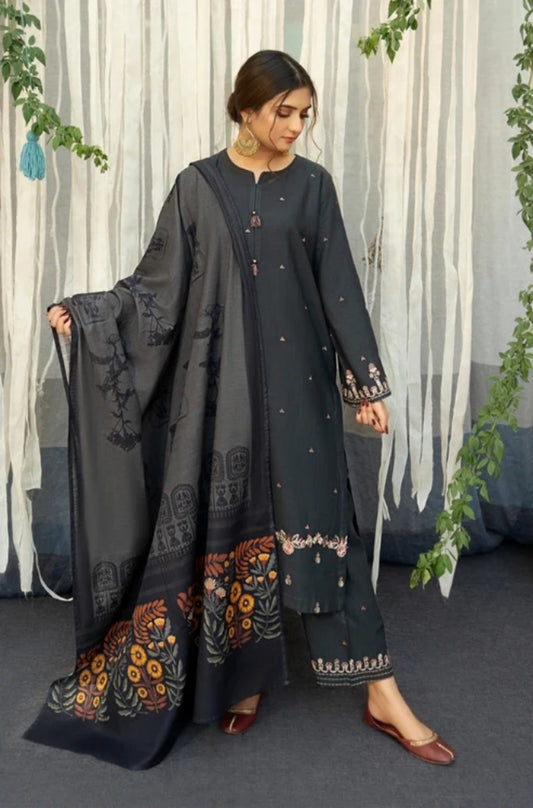 Urge - 3PC Unstitched Dhanak Embroidered Shirt with Printed  Shawl and Embroidered Trouser - ES1071