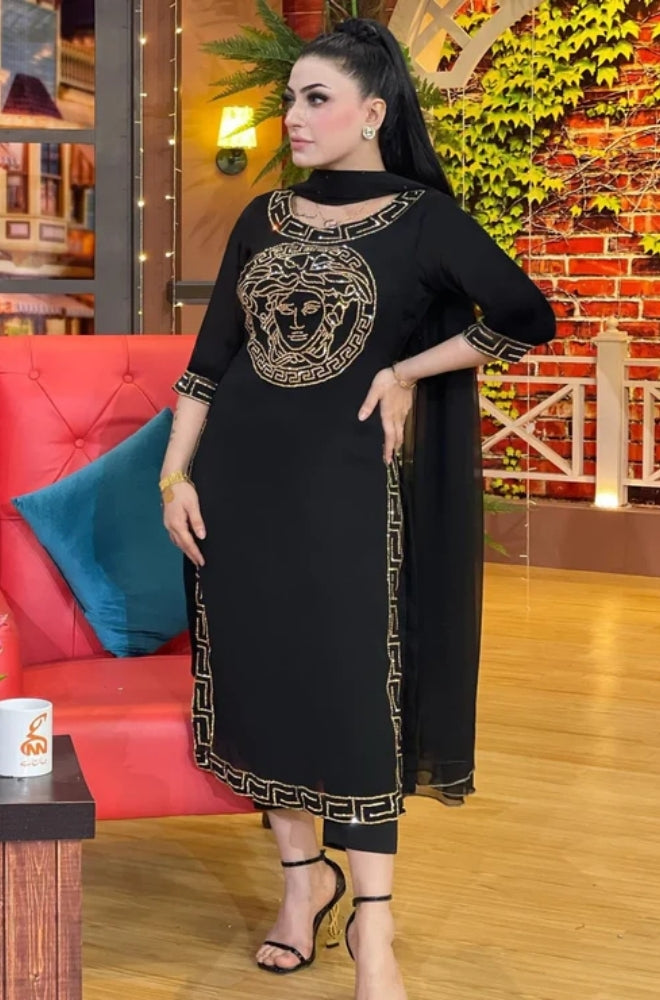Vrsace - 3PC Unstitched Shamooz Silk Embroidered Shirt with Bamber Chiffon Dupatta and Plain Trousers -ES1060