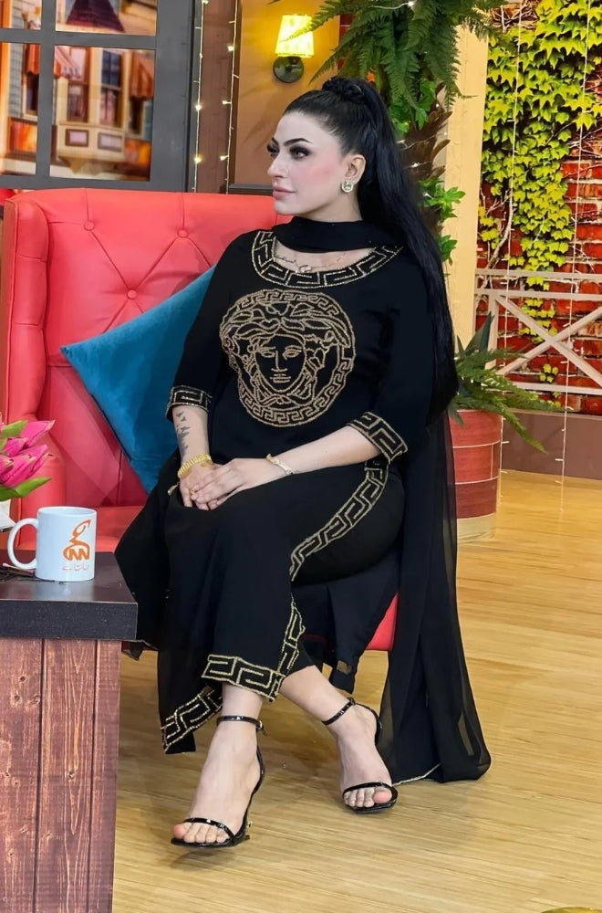 Vrsace - 3PC Unstitched Shamooz Silk Embroidered Shirt with Bamber Chiffon Dupatta and Plain Trousers -ES1060