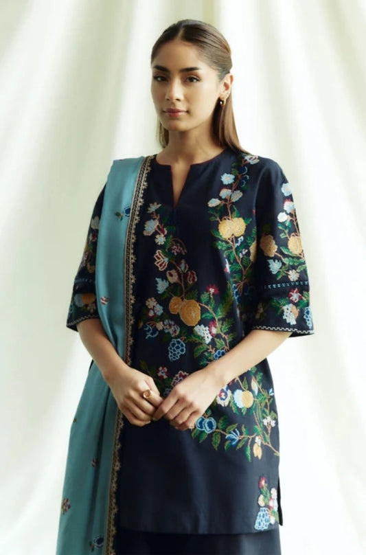 Zara Shah Jahan - 3PC Unstitched Dhanak Embroidered Shirt with Dhanak Embroidered Shawl and Trouser - ES1047