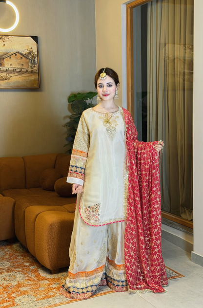 ETHNIC-3PIECE Emroidered Shirt with Embridered khadi net dubbata and trousers-ES 8011