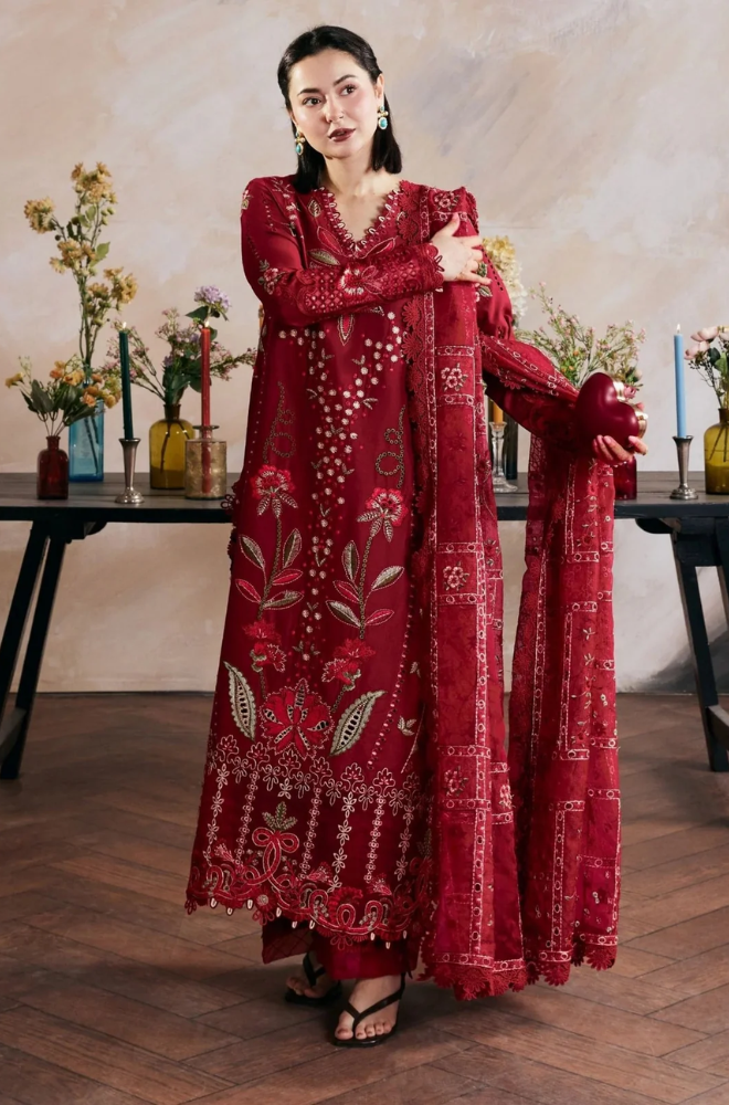 Maryam Hussain - 3PC Unstitched Lawn Embroidered Shirt with Cotton Net Embroidered Dupatta and Trouser - ES3005